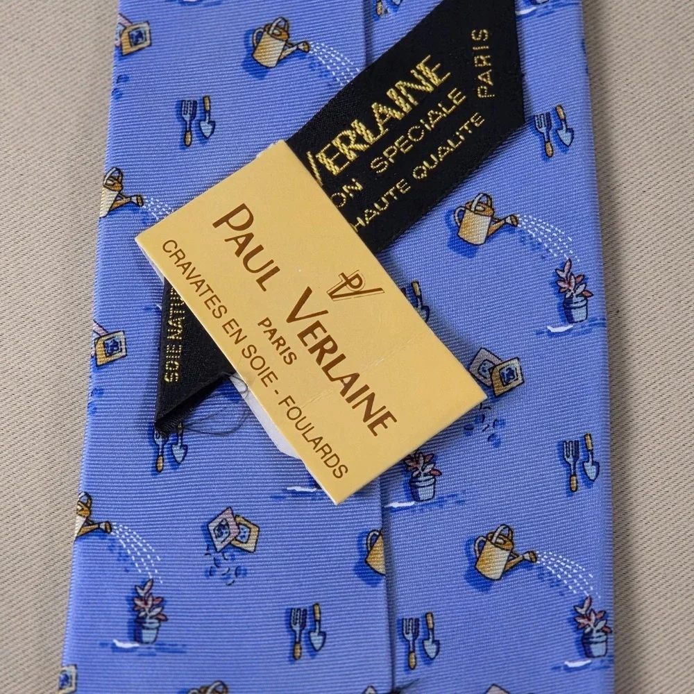 Paul Verlaine Paris Silk Tie Sky Blue Gardening Motif Spain‎ Mens Necktie